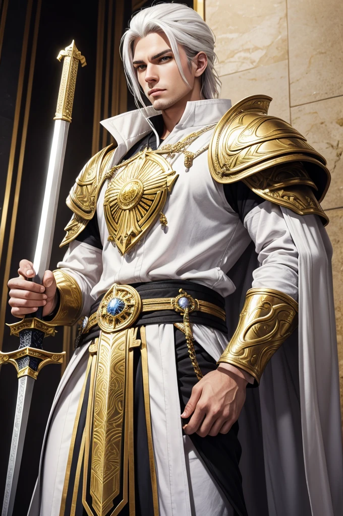 A man in his 20's with gold eyes. He is wearing adventurer armor that is white with gold accents. His weapon is a katana that has gold energy flowing from it. The setting is a marble throne room with multiple thrones in it. He has white hair with gold accents that is short to medium length and slicked back. He is standing posing with his sword.