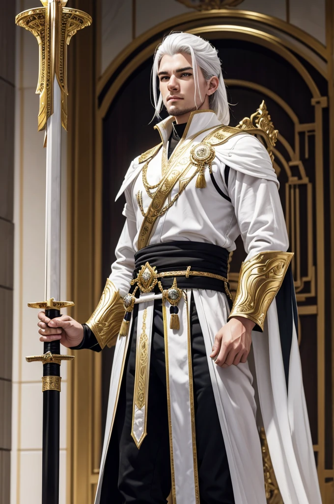 A man in his 20's with gold eyes. He is wearing adventurer armor that is white with gold accents. His weapon is a katana that has gold energy flowing from it. The setting is a marble throne room with multiple thrones in it. He has white hair with gold accents that is short to medium length and slicked back. He is standing posing with his sword.