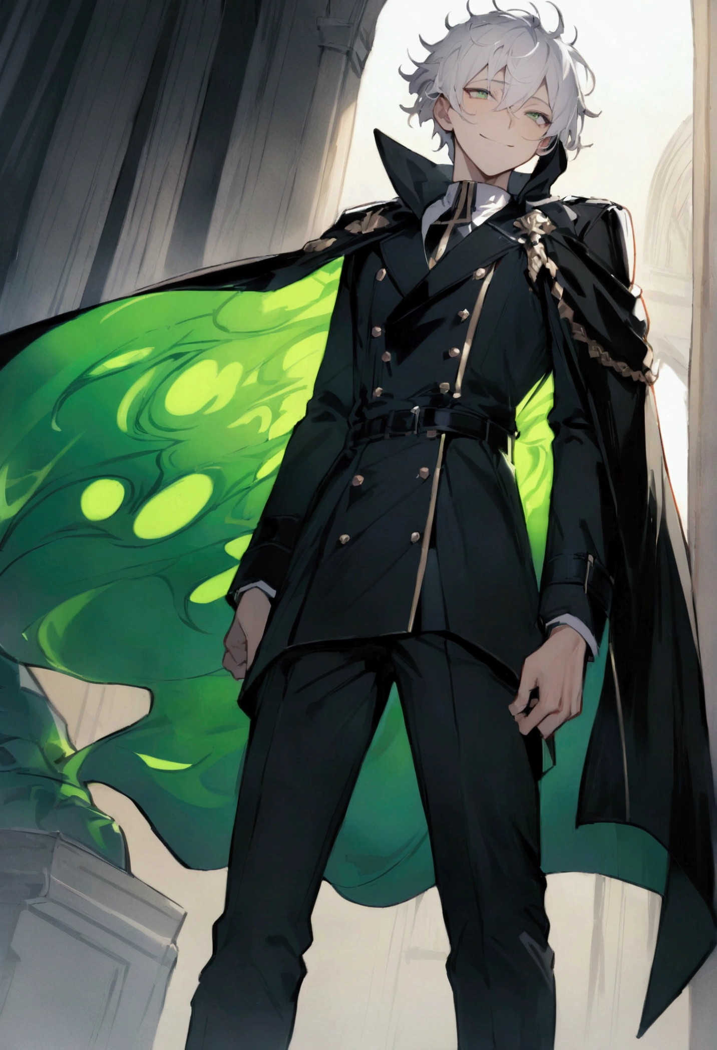 Best Quality,masterpiece,detailed, boy with white hair, short hair, green white eyes, elegant black trench coat, Black pants, messy hair, ojos extremadamente detaileds ,Alone , long cape , proud smile , 19 years , standing , stopped , green magic