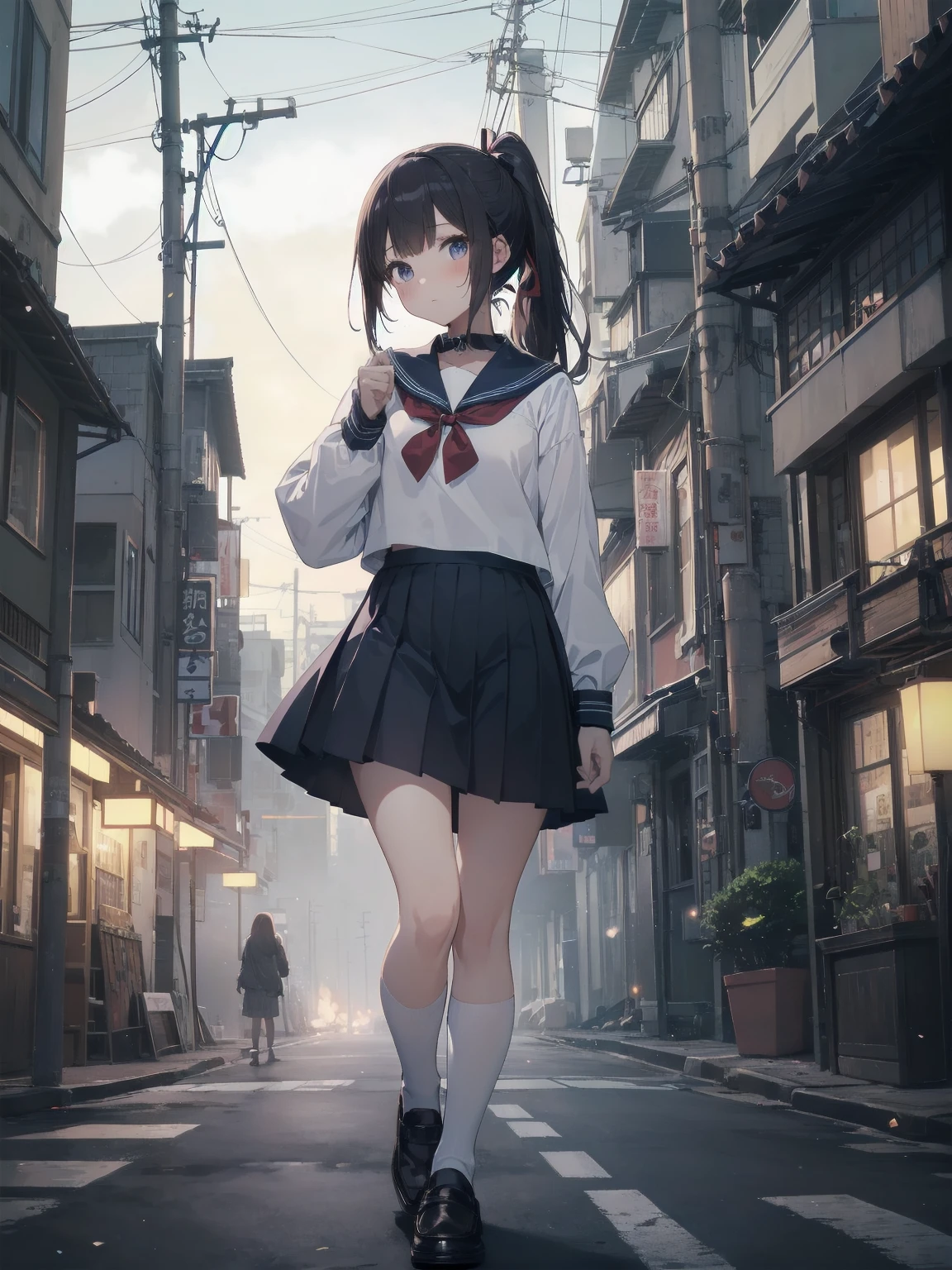Masterpiece, illustration, super detailed, kawaii, one girl, 独奏, slender 14 year old, Japanese girl, chou chou, ribbon, nape of neck, low ponytail, cute pose in Less revealing attire, (Sailor uniform from Girls' Saint Academy, navy blue, white with 3 lines on collar), priss skirt, white socks, loafers, , Long Sleeves, White innerwear for sailor suit, living room, cowgirl shot, sfw, dynamic angle、Close-up on the characters、(building, city、A dense fog of fluorescent particles、1800Era、Japanese Style、Fiction、grow、Overwhelming、Detailed street)、A beautiful girl with a beautiful background and a super cute pose