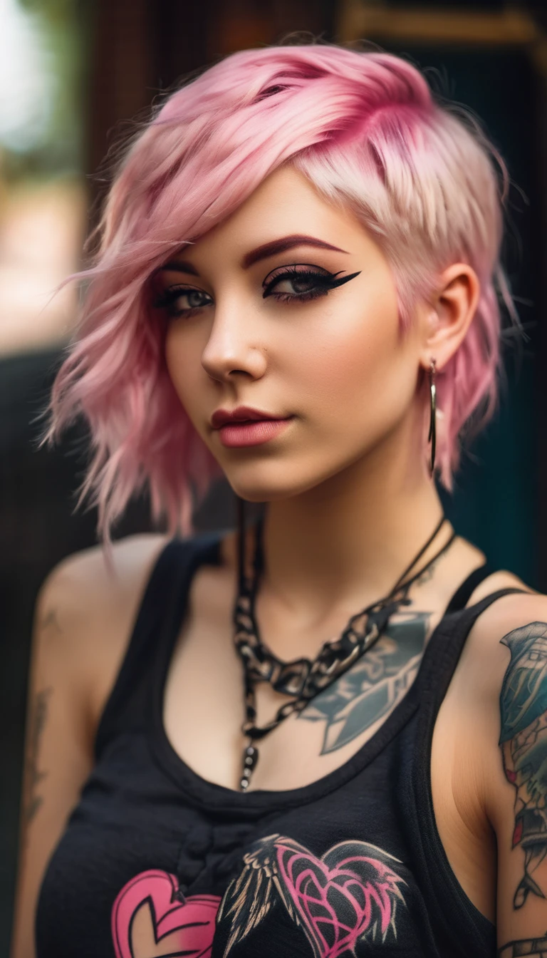 Young adult woman 22 years realistic, sexy with medium-size breasts, modern punk style similar to harley quyn, with long blonde and a little pink hair, with a broken heart tattoo full body