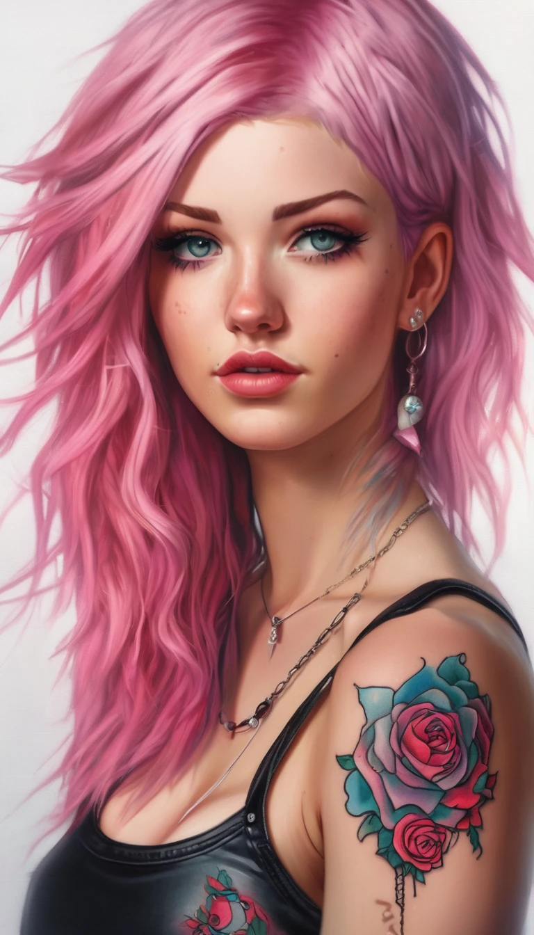 Young adult woman 22 years realistic, sexy with medium-size breasts, modern punk style similar to harley quyn, with long blonde and a little pink hair, with a broken heart tattoo full body