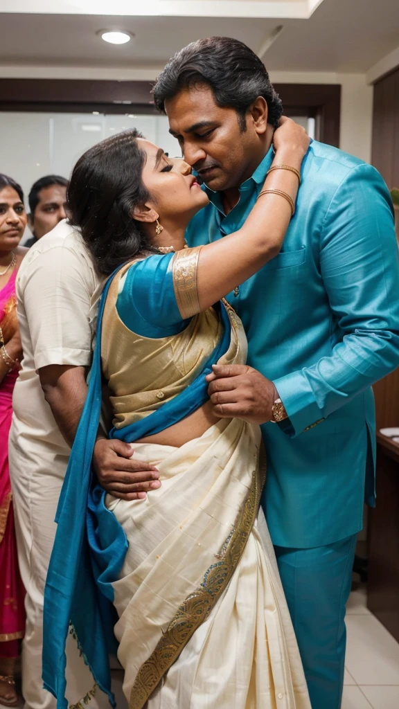 A 50-year-old man  affectionately hugging and kissing on lips of a radiant, full-figured South Indian  45 year old very beautiful bride wearing a cream silky saree and blue blouse in  office, other people cheering next to them, captured in a full-body image with vibrant hues and meticulous details. Full body image