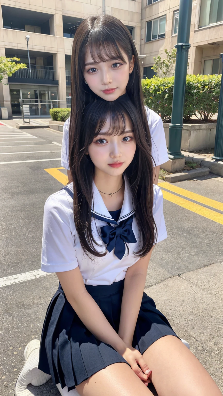 ((masterpiece, Highest quality)),Best aesthetics,One Girl,  Sitting, school machinery, Black hair straight, Hotel district,Long Hair, View your audience, :p, Focus Only, Brown eyes, mini skirt, Short sleeve, 1 boy,Black Seraphim, Multiple Girls, Pleated skirt, Sailor collar, bangs,smile,,Knee-high socks,(Schoolyard)