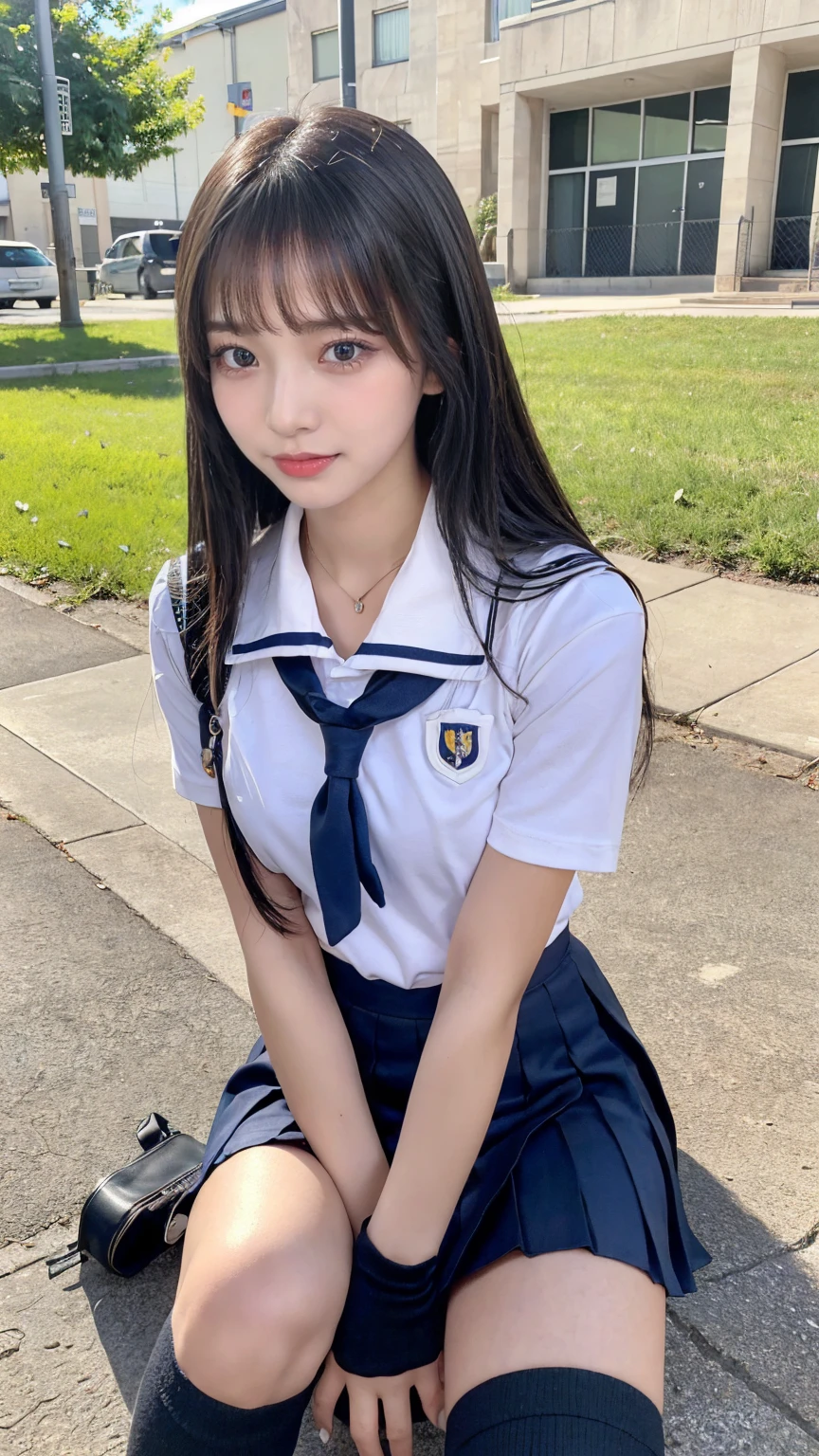 ((masterpiece, Highest quality)),Best aesthetics,One Girl,  Sitting, school machinery, Black hair straight, Hotel district,Long Hair, View your audience, :p, Focus Only, Brown eyes, mini skirt, Short sleeve, 1 boy,Black Seraphim, Multiple Girls, Pleated skirt, Sailor collar, bangs,smile,,Knee-high socks,(Schoolyard)