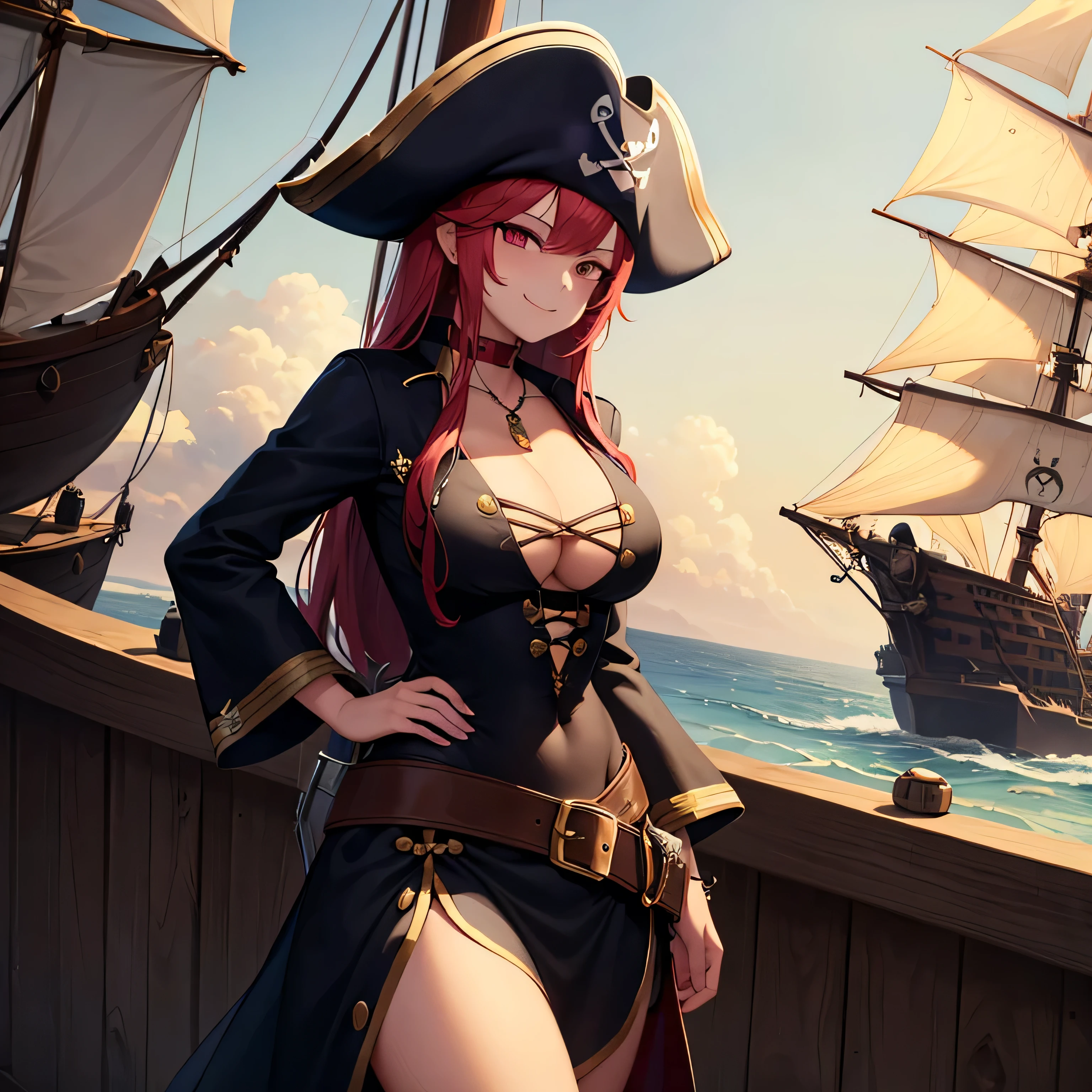 ((masterpiece, best quality, 4k, photorealistic)), ((wide shot, full body)), ((front view)), expressive eyes, perfect face, nice hands, large cleavage, long round legs, curvaceous body, booty,1 girl, red haired pirate, stands tall at the front of the pirate ship, her fiery red hair flowing in untamed waves down her back, she wears a weathered leather captain's coat adorned with gold trims and a single black feather tucked into her tricorn hat, her emerald eyes scan the horizon with determination, and her confident posture reflects her command over the crew