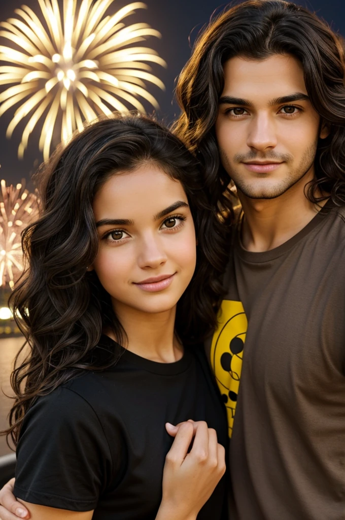 create a Disney Pixar type cover of a couple. The man has wavy hair, short and black, He has round honey-colored eyes., has a small nose and small lips, He is wearing a black t-shirt. The woman has wavy hair, long and brown, His eyes are almond-shaped and light brown., He has a small nose and thick lips, He is wearing a yellow t-shirt. The couple is holding hands looking at each other, in the background there are fireworks.