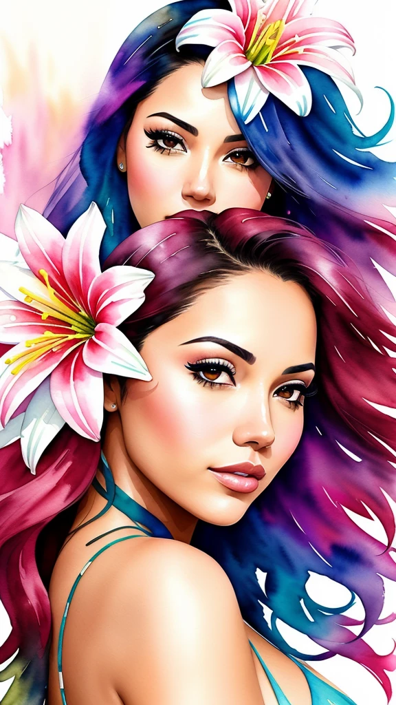 (Adult Latina model Daisy Marie), wtrcolor style, digital art (Lilies), official art, blown by the wind, masterpiece, beautiful, ((watercolor)), paint splash, intricate details. great detail, [drip:0.5], trends on Artstation, Rachel Walker