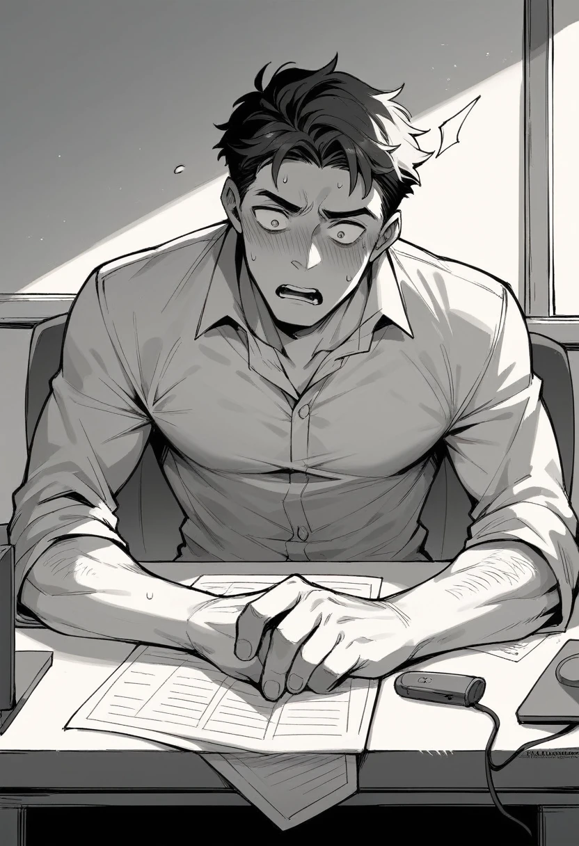 A man is stunned to see a ghost behind him playing a game in front of his computer desk.