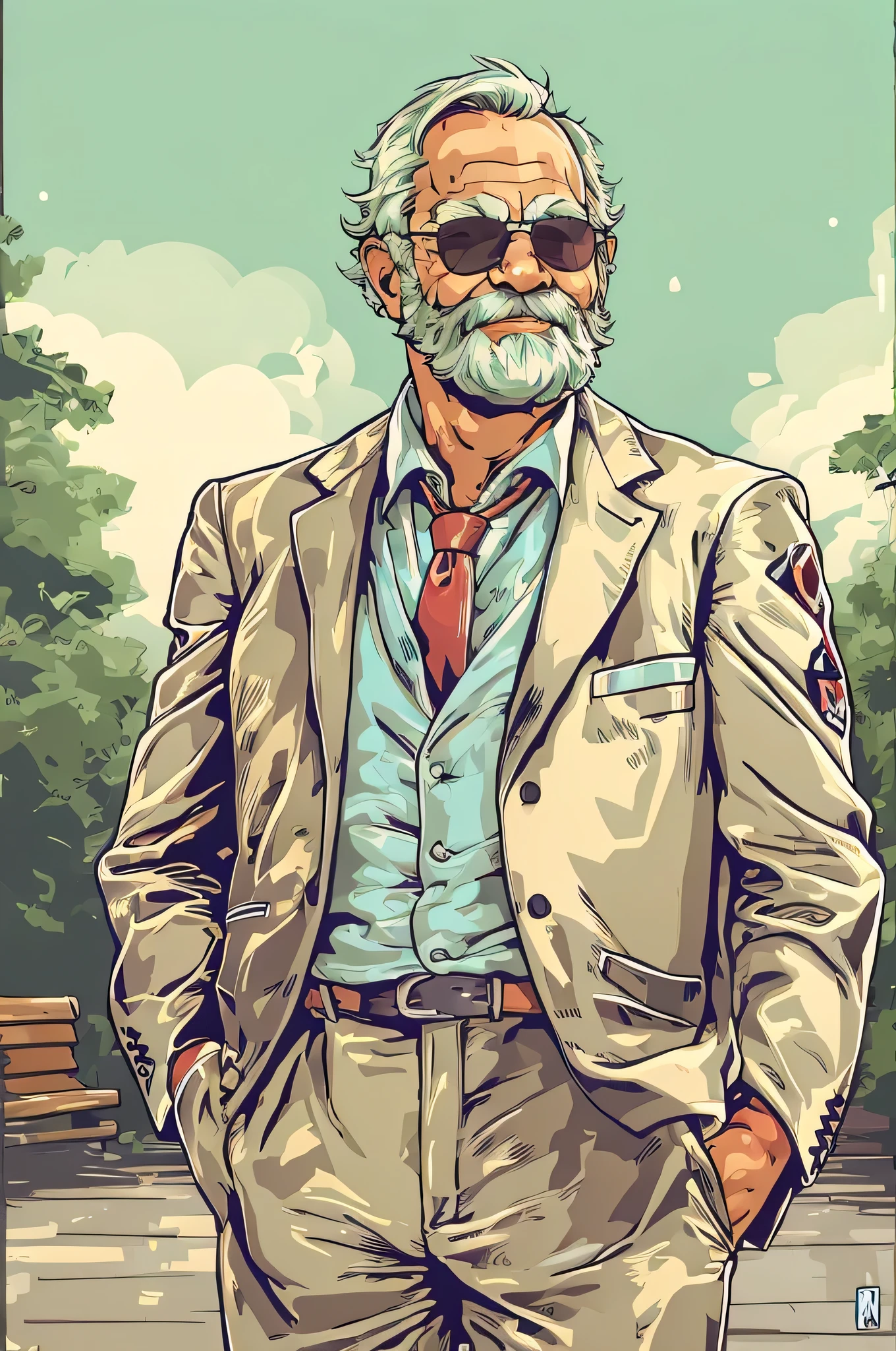 Portraiture, Muscular old man in the park, Happy , suit, vector, mwvector, summer 