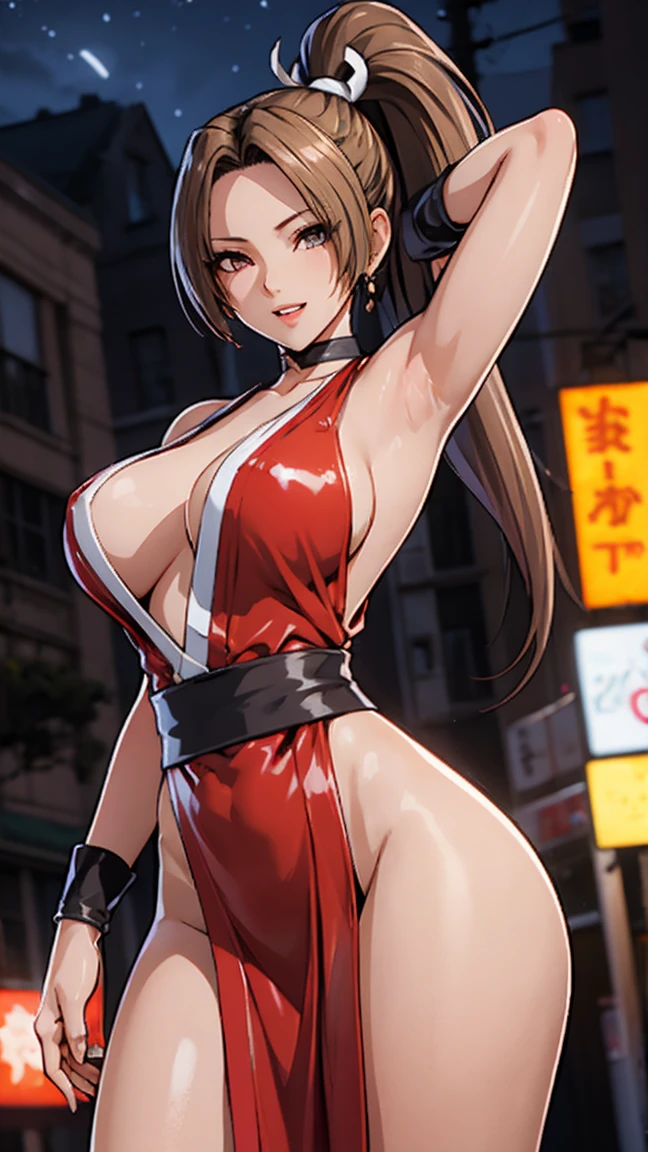 masterpiece, best quality, (1 girl), solo, nice hips, medium breasts, slutty grin, young girl, wide hips, street, nighttime, detailed eyes, elegant girl, blonde, elegant hair, open mouth, wearing a slutty purple latex bodycon, ponytail, slutty, choker, slut-earrings, long hair, (hair over one eye), (wearing thong), (hair covering one eye), (ino yamanaka),