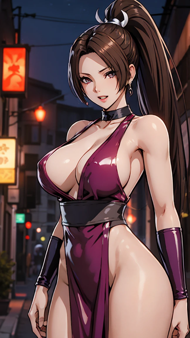 masterpiece, best quality, (1 girl), solo, nice hips, medium breasts, slutty grin, young girl, wide hips, street, nighttime, detailed eyes, elegant girl, blonde, elegant hair, open mouth, wearing a slutty purple latex bodycon, ponytail, slutty, choker, slut-earrings, long hair, (hair over one eye), (wearing thong), (hair covering one eye), (ino yamanaka),