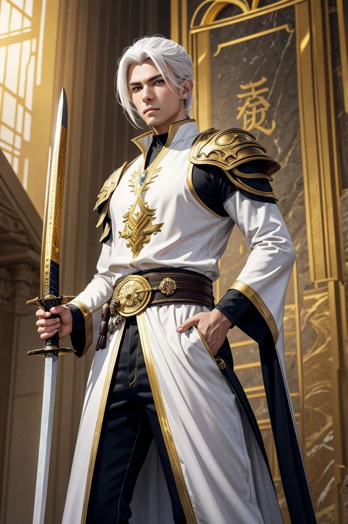 A man in his 20's with gold eyes. He is wearing adventurer armor that is white with gold accents. His weapon is a katana that has gold energy flowing from it. The setting is a marble throne room with multiple thrones in it. He has white hair with gold accents that is short to medium length and slicked back. He is standing posing with his sword.