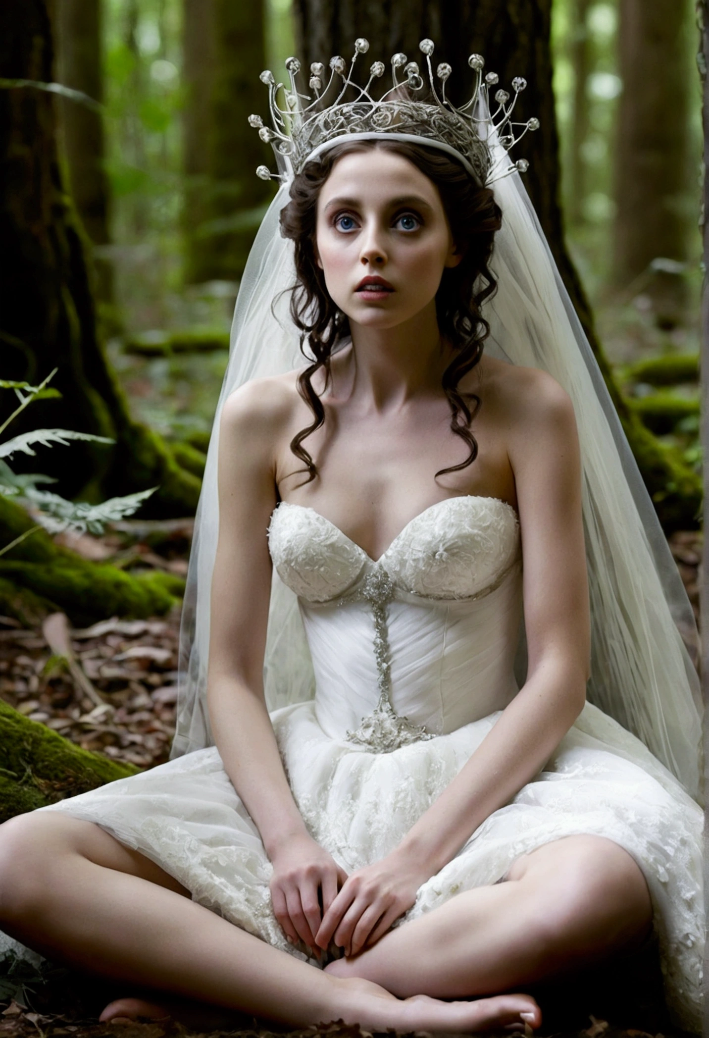 Emily, copse bride by tim burton, nude at the forest, open legs, pubic hair, beautiful face, perfect eyes, bridal diadem, tim burton style