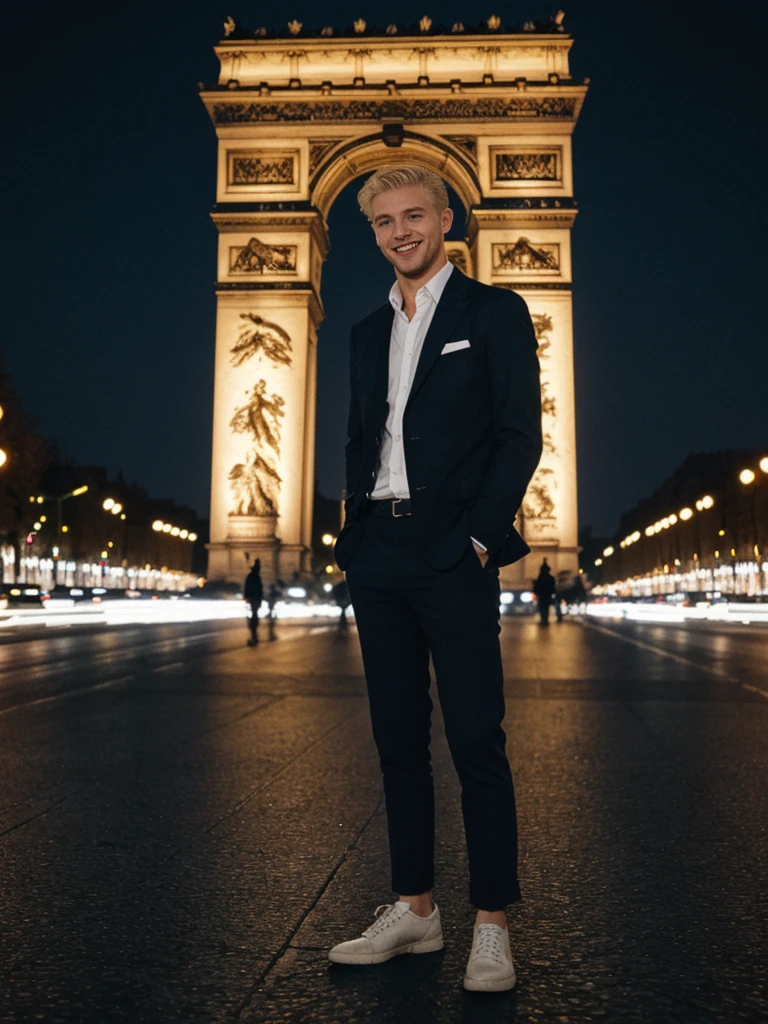 His name is Thomas, high quality, 1guy, ((25-year-old fit Caucasian man)), ((25 years old)), ((BODY TYPE: MUSCULAR)), ((BLOND COLORED Hair)), smiling, pose: standing, wearing Well-dressed ULTRA MODERN Generation-Z modern wear bright colored, BACKGROUND: "Walking along the illuminated Champs-Élysées with the Arc de Triomphe in the distance and the city lights twinkling."Blue eyes