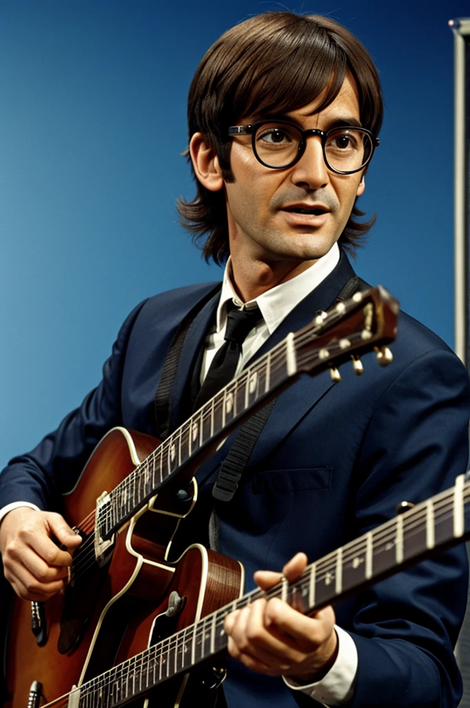 Human alien with glasses playing beatles guitar 