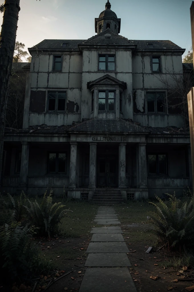 Create a profile picture for my horror themed YouTube channel called GhoulGalore, the name of the channel will be included in the profile photo you will create for me. The theme of the photo can be a scary building, for example, a mental hospital or an abandoned building. It can be a deserted forest. Do not use objects such as people or animals, the location of the buildings should be in a dark place, add horror decorations to the photos, for example, use objects such as knives or blood.