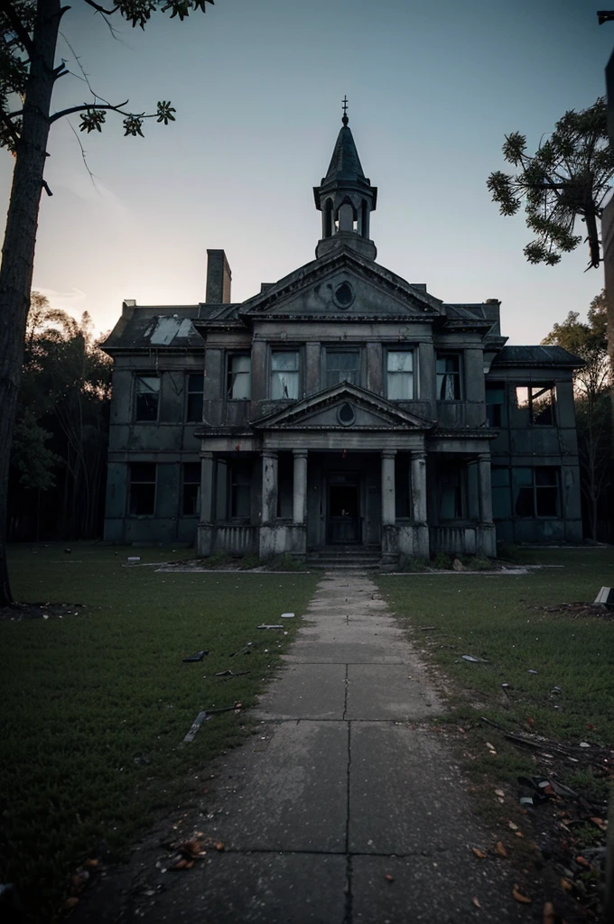 Create a profile picture for my horror themed YouTube channel called GhoulGalore, the name of the channel will be included in the profile photo you will create for me. The theme of the photo can be a scary building, for example, a mental hospital or an abandoned building. It can be a deserted forest. Do not use objects such as people or animals, the location of the buildings should be in a dark place, add horror decorations to the photos, for example, use objects such as knives or blood.