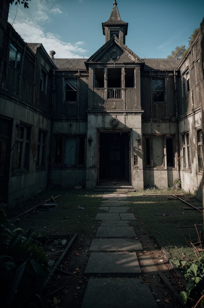 Create a profile picture for my horror themed YouTube channel called GhoulGalore, the name of the channel will be included in the profile photo you will create for me. The theme of the photo can be a scary building, for example, a mental hospital or an abandoned building. It can be a deserted forest. Do not use objects such as people or animals, the location of the buildings should be in a dark place, add horror decorations to the photos, for example, use objects such as knives or blood.