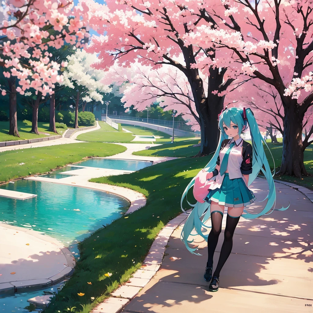 hatsune miku , high school girl , beautiful girl, Vocaloid, 16 years old , Walking along the cherry blossom trees ,)nsfw, (spread pussy:1.3)