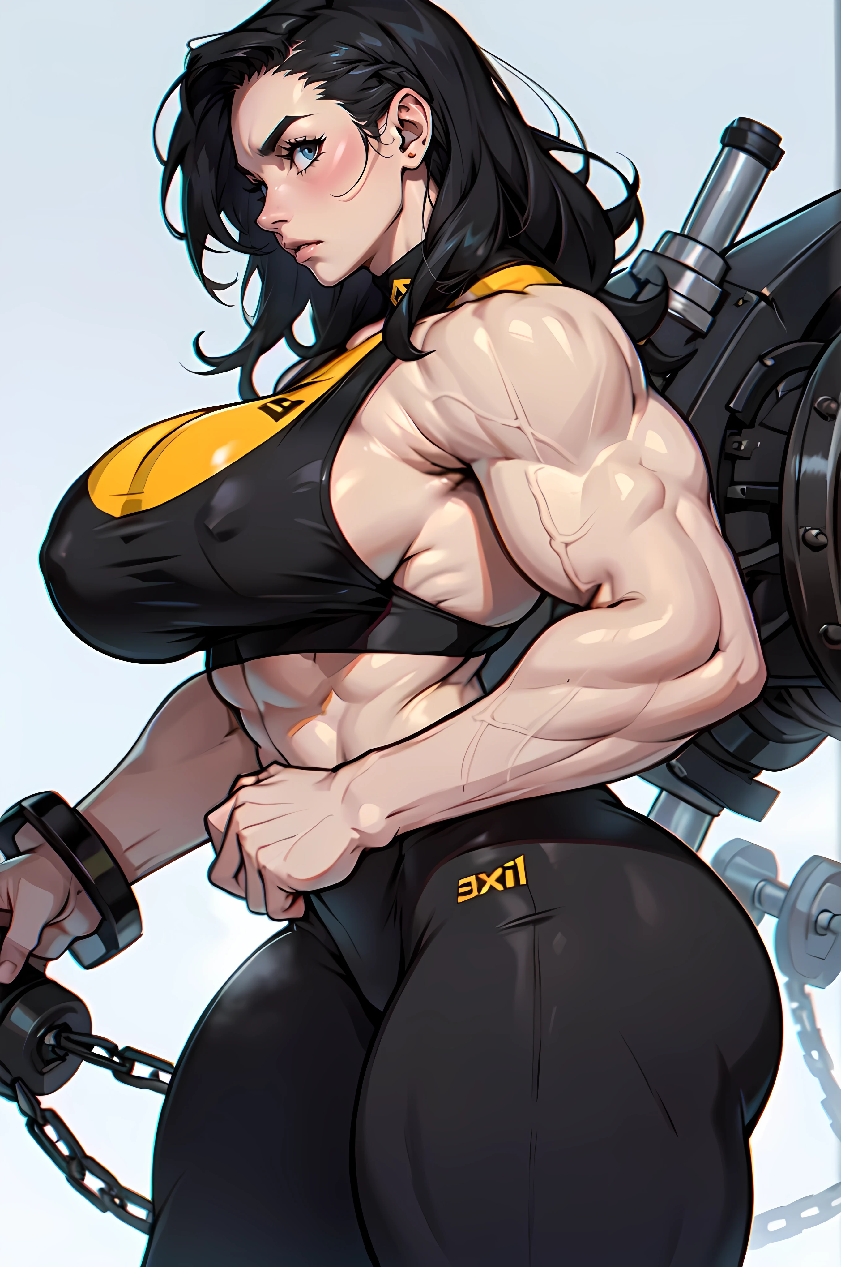 1girl pale skin (massive female bodybuilder) toned body black hair yellow eyes long hair leggings simple background ((from side)) (Huge breasts:1.5)