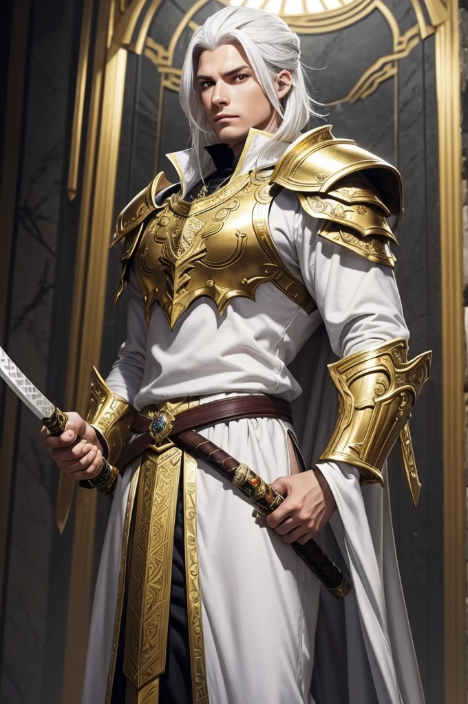 A man in his 20's with gold eyes. He is wearing adventurer armor that is white with gold accents. His weapon is a katana that has gold energy flowing from it. The setting is a marble throne room with multiple thrones in it. He has white hair with gold accents that is short to medium length and slicked back. He is standing posing with his katana.