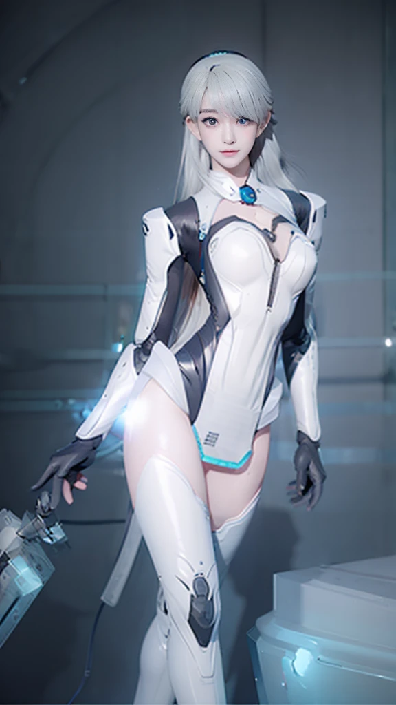 best quality, 1080P, Masterpiece, Whole body photo, Ultra high resolution, photorealistic photo, ultra realism, Realistic skin texture, Light blonde hair, Extreme skin detail, dslr, Detailed eyes, Facing the camera, Very beautiful face, Firm facial structure, Pale skin, Realistic skin texture, Extreme skin detail, oc render reflection textures, Realistic light and shadow, One picture, alone, The body is slender and balanced.., Age 20, Height 170, no underwear, Flat stomach, (White shiny leather bodysuit), full body view, Whole body photo, sexy pose, A girl with the body of a mechanical robot., Transparent futuristic white glass mech armor suit, The mechanical cervix is attached to the neck., Woman with perfect mechanical arms and legs,
