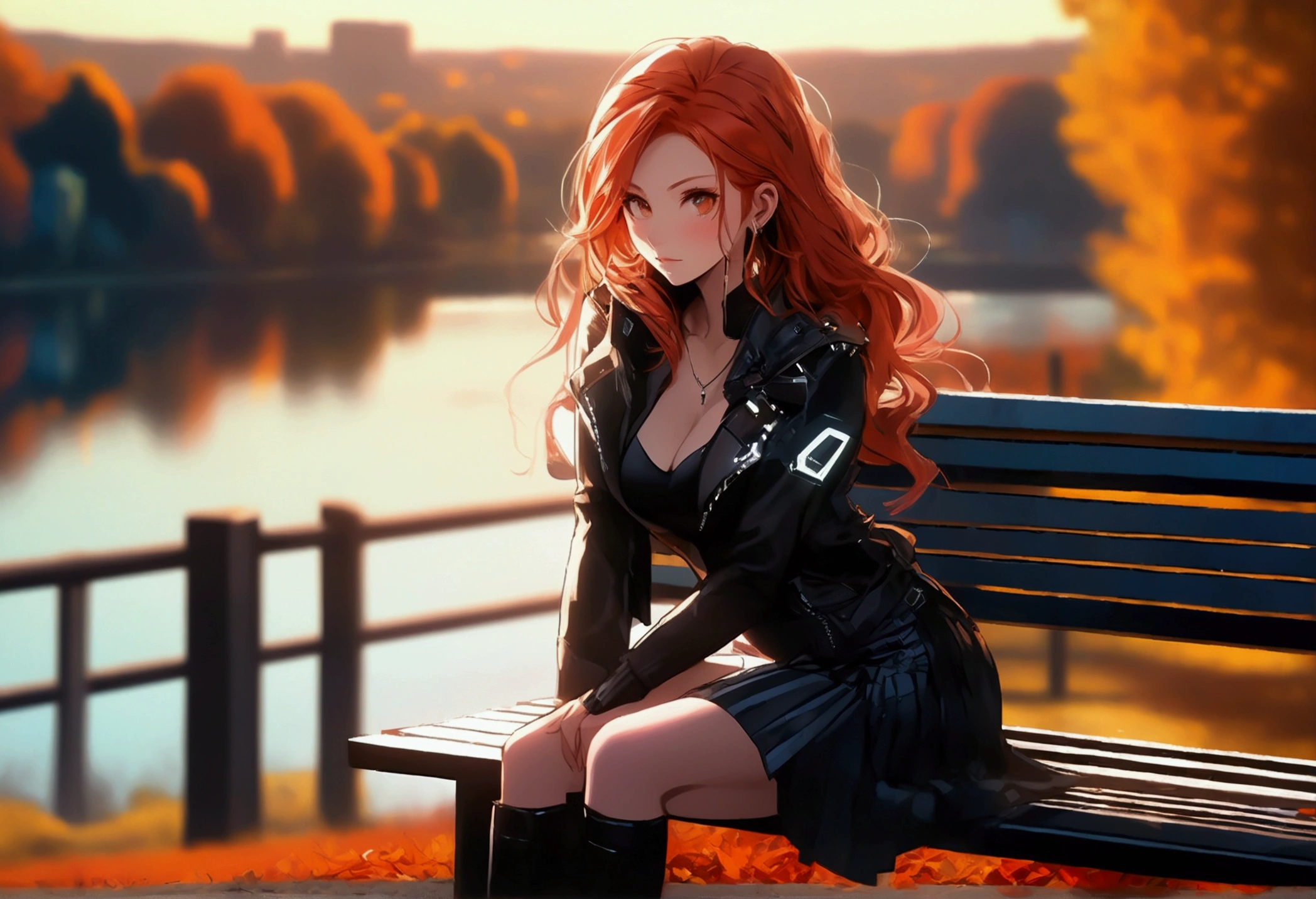 redhead relaxed, enjoying the sunset, on the bench,in the autumn park,short skirt,lake on the horizon,slope,hill,cyberpunk, dark, neon signs, high contrast, low light, vibrant, highly detailed