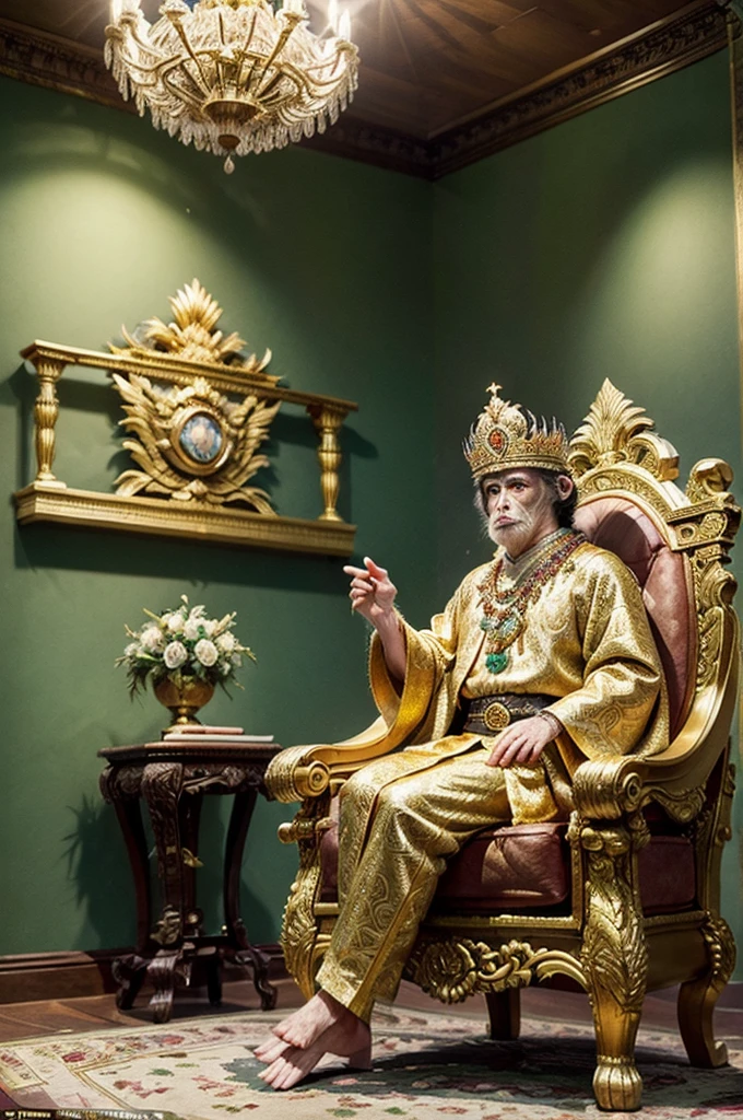 A noble and dignified monkey emperor of Brazil, sitting on a grand imperial throne. The monkey has a wise and serene expression, dressed in luxurious green and gold robes that reflect Brazilian imperial fashion, complete with a royal sash adorned with the Brazilian flag. He wears a beautifully crafted golden crown decorated with Brazilian symbols and gemstones. The throne is an exquisite piece of Brazilian craftsmanship, made of dark wood and intricately carved with motifs of coffee plants, tropical birds, and the Brazilian coat of arms. Surrounding the throne are vibrant tropical plants and flowers, showcasing Brazil's rich biodiversity. The background features a grand hall reminiscent of the Brazilian Imperial Palace, with high ceilings, chandeliers, and large windows offering a view of Rio de Janeiro's iconic landmarks. The lighting is warm and majestic, casting a regal glow on the monkey emperor and his splendid surroundings