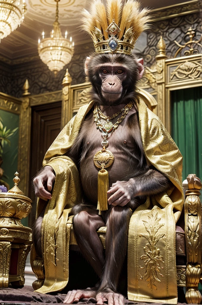 A noble and dignified monkey emperor of Brazil, sitting on a grand imperial throne. The monkey has a wise and serene expression, dressed in luxurious green and gold robes that reflect Brazilian imperial fashion, complete with a royal sash adorned with the Brazilian flag. He wears a beautifully crafted golden crown decorated with Brazilian symbols and gemstones. The throne is an exquisite piece of Brazilian craftsmanship, made of dark wood and intricately carved with motifs of coffee plants, tropical birds, and the Brazilian coat of arms. Surrounding the throne are vibrant tropical plants and flowers, showcasing Brazil's rich biodiversity. The background features a grand hall reminiscent of the Brazilian Imperial Palace, with high ceilings, chandeliers, and large windows offering a view of Rio de Janeiro's iconic landmarks. The lighting is warm and majestic, casting a regal glow on the monkey emperor and his splendid surroundings