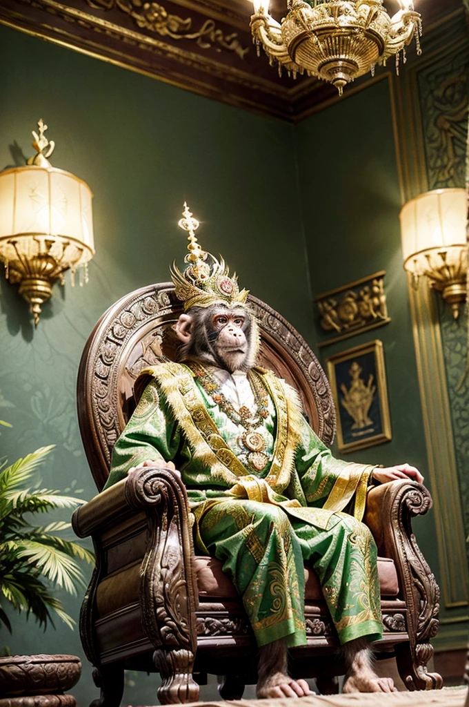 A noble and dignified monkey emperor of Brazil, sitting on a grand imperial throne. The monkey has a wise and serene expression, dressed in luxurious green and gold robes that reflect Brazilian imperial fashion, complete with a royal sash adorned with the Brazilian flag. He wears a beautifully crafted golden crown decorated with Brazilian symbols and gemstones. The throne is an exquisite piece of Brazilian craftsmanship, made of dark wood and intricately carved with motifs of coffee plants, tropical birds, and the Brazilian coat of arms. Surrounding the throne are vibrant tropical plants and flowers, showcasing Brazil's rich biodiversity. The background features a grand hall reminiscent of the Brazilian Imperial Palace, with high ceilings, chandeliers, and large windows offering a view of Rio de Janeiro's iconic landmarks. The lighting is warm and majestic, casting a regal glow on the monkey emperor and his splendid surroundings