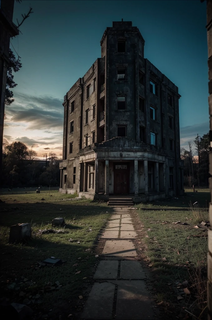 Create a profile picture for my horror themed YouTube channel called GhoulGalore, the channel name will be included in the profile photo you will create for me. The theme of the photo can be a scary building, for example, a mental hospital or an abandoned building. It can be a deserted forest. Do not use objects such as people or animals, the location of the buildings should be in a dark place, add horror decorations to the photos, for example, use objects such as knives or blood. It does not have to be just buildings, use scary and unusual creature figures in the photo.