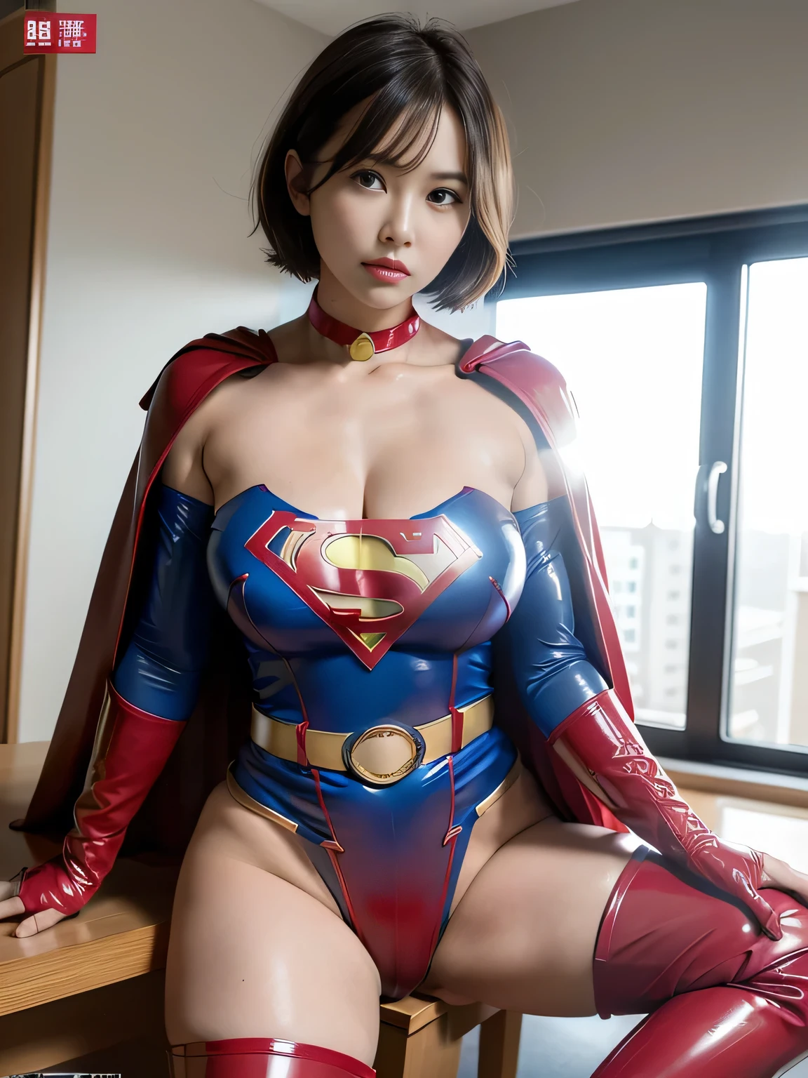 masterpiece、Rubber Supergirl Costume、short hair、Red rubber long boots、Big and ample breasts、looking at the camera、choker、Long sleeve、Cape、mini skirt、Off the shoulder、Sweaty skin、Hospital room、Photo magazine cover、Boasting beautiful legs、Posing leaning against the laboratory table、Knee-length boots、wallpaper for pc、
