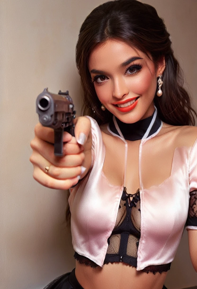 Half body photo, 1 beautiful Latina girl; coy smile, (two tone white and black satin bomber jacket); one hand is holding a pistol the other hand is empty, satin skirt,fishnet stockings, long hair,wearing jewelry, natural makeup, extremely detailed eyes and face, lovely smile, delicate blush, sensuous lips, intricate facial details, perfect skin, flawless skin texture perfect, ; standing in a long hallway with many doors, evening lighting,, , subtle , dreamy, luxurious atmosphere, low lighting; Super high quality, surreal, 8K, high resolution, masterpiece, detailed, extremely magical, professional cinematic lighting, , ; Fine brushstrokes,ethereal vibe,mesmerizing gaze,dreamy atmosphere,blending elegance,subtle color gradients,,understated beauty. In the background several men lay unconscious on the hallway floor