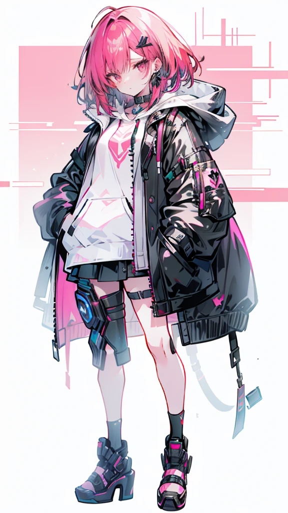 1 girl with red hair, pink eyes, cyberpunk style, hand in pocket, hoodie, pink starry background, black high heels