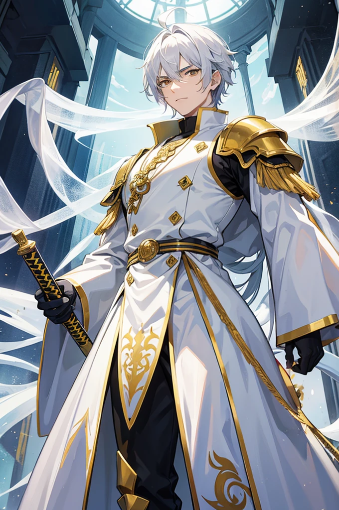 A man in his 20's with gold eyes. He is wearing adventurer armor that is white with gold accents. His weapon is a katana that has gold energy flowing from it. The setting is a marble throne room with multiple thrones in it. He has white hair with gold accents that is short to medium length and slicked back. He is standing posing with his sword.