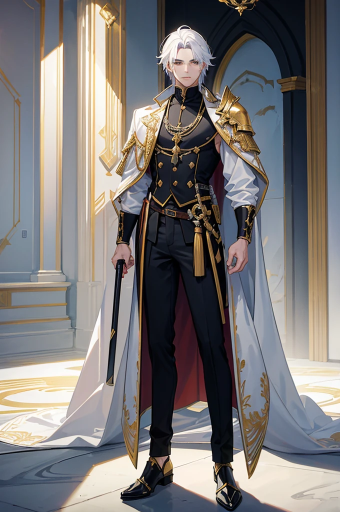 A man in his 20's with gold eyes. He is wearing adventurer armor that is white with gold accents. His weapon is a katana that has gold energy flowing from it. The setting is a marble throne room with multiple thrones in it. He has white hair with gold accents that is short to medium length and slicked back. He is standing posing with his sword.