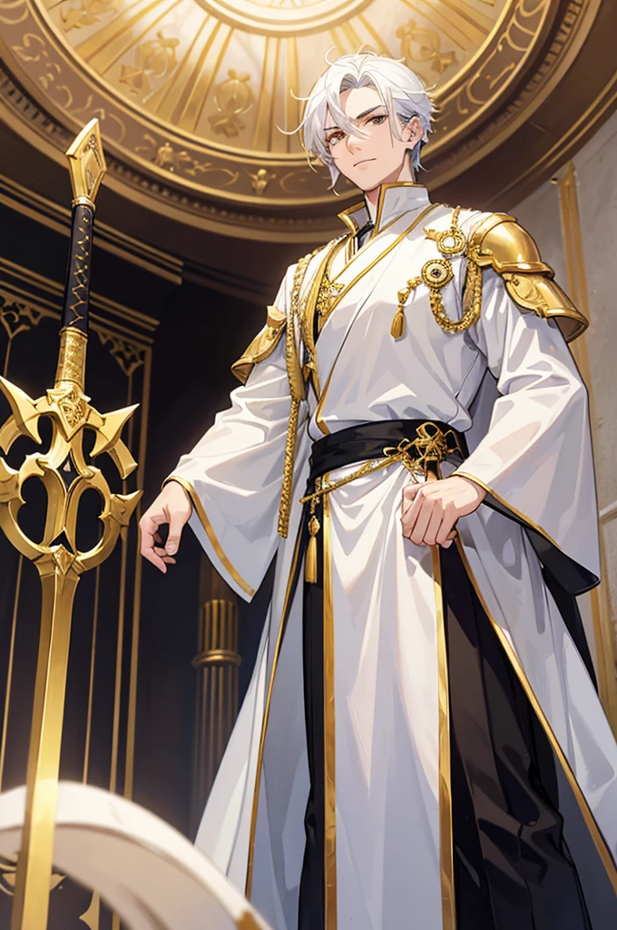 A man in his 20's with gold eyes. He is wearing adventurer armor that is white with gold accents. His weapon is a katana that has gold energy flowing from it. The setting is a marble throne room with multiple thrones in it. He has white hair with gold accents that is short to medium length and slicked back. He is standing posing with his sword.