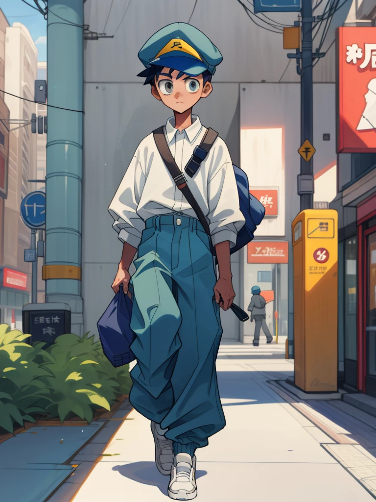 boy with baggy pants and cap walking down the street