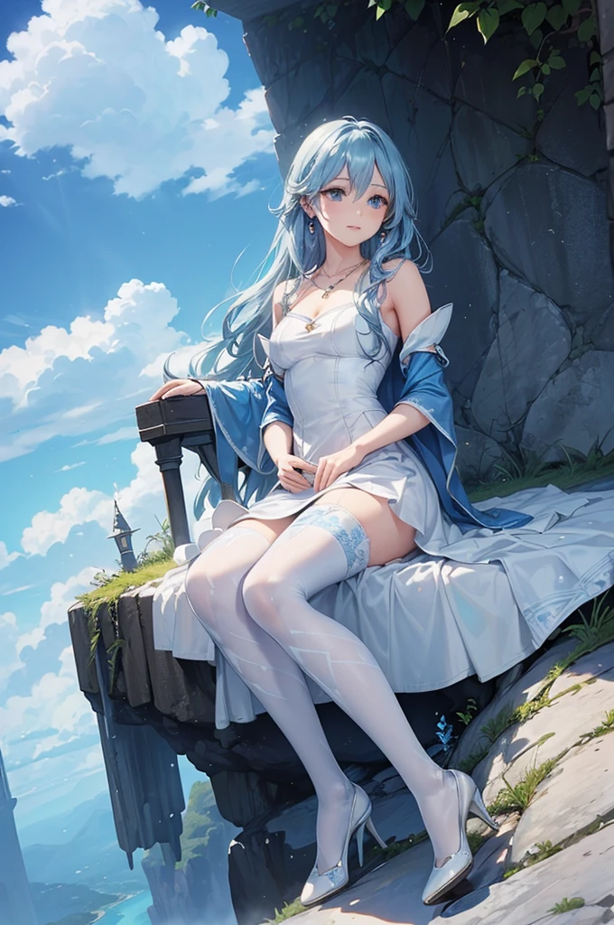 ((Biologically correct limb count)),(( From head to toe,Full-body photo including face)),4K,((Stand at the edge of the screen)),masterpiece,((Focus on the face)),((Symmetrical facial features)),Beautiful woman,Slender Style,Detailed depiction of the face,Small earrings,necklace,(White dress((High heels,Patterned stockings))),((Looking down the cliff from the castle in the sky)),Silk long gloves,(((blue blonde))),Realistic photo,Clouds all around