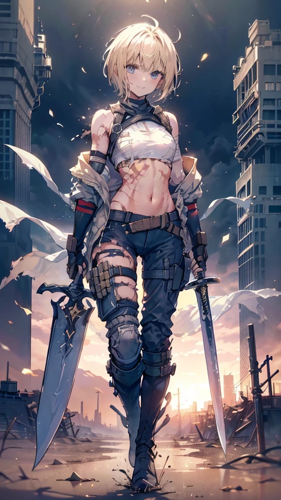 (Young blonde girl), (short hair to shoulders), (big confidence smile), (bandages covering chest), (dirty aspect, scars), (militar pants and boots), (great sword with one hand), (exposed belly), (Torn military clothes), (apocalypse city background), (bandages chest), (Small militar jacket), (hands hidden)