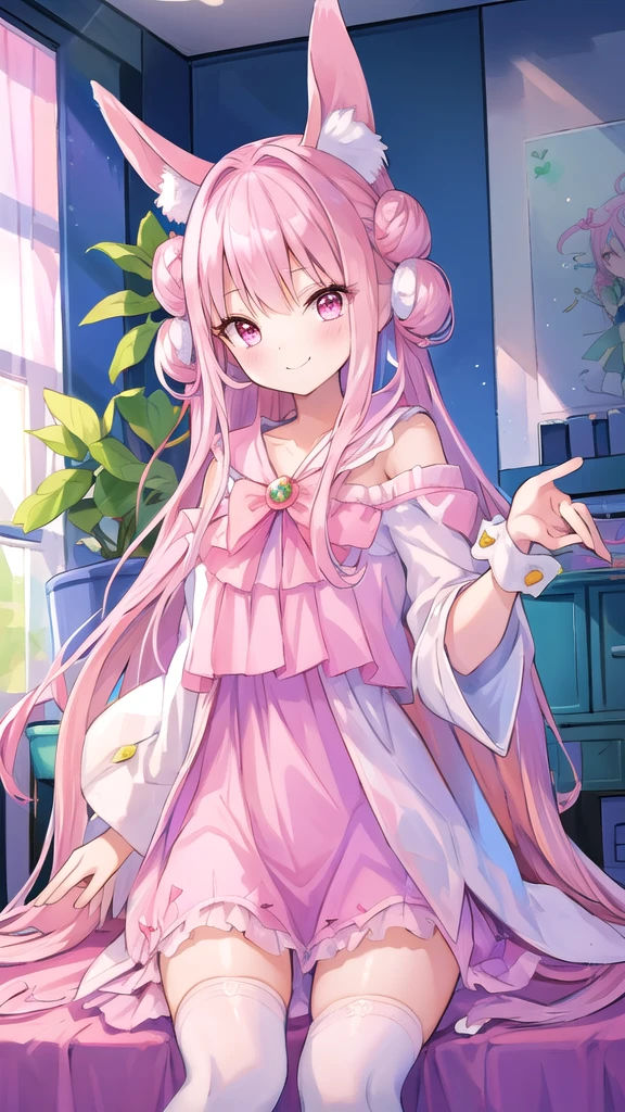 ((masterpiece))、(((Highest quality)))、((Super detailed))、((An illustration))、Attention to detail、Highly detailed CG unity 8k、High resolution、美しいAttention to detail目、Attention to detail、美しいAttention to detail目,美しいAn illustration, pretty girl,12 years old, Bedroom, pastel colour, Fluffy bunny ears, Bright lighting,Pink Eyes,(((Long pink hair))),smile,