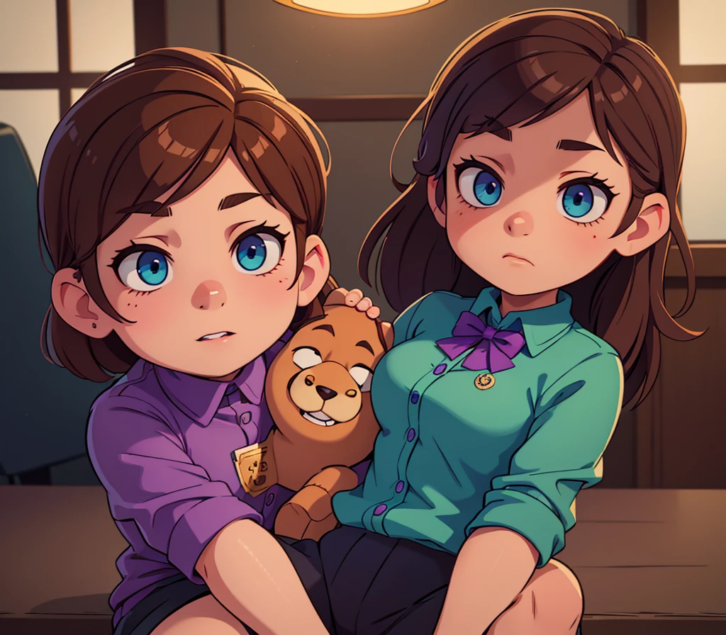 a girl with brown hair, green eyes, wearing purple clothes, with a Freddy Fazbear badge, sitting on a man's lap, the man wearing the same uniform, with blue eyes and brown hair, in the Five Nights at Freddy's office, detailed face, highly detailed, 8k, masterpiece, cinematic lighting, dramatic lighting, dramatic shadows, cinematic atmosphere, vibrant colors