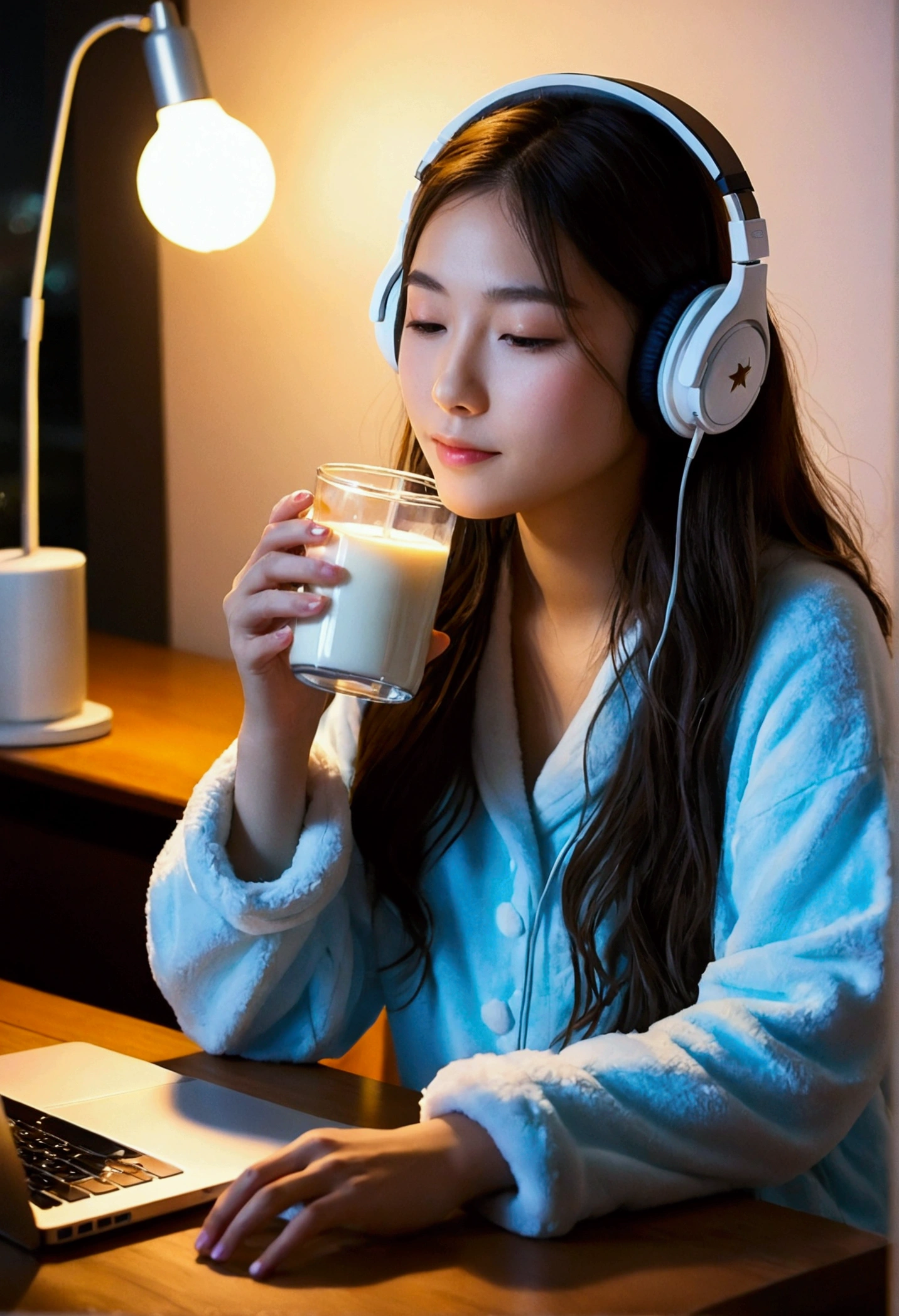 Young woman wearing headphones、Long Hair、Single room、night、Sitting at a desk、night空、Drink hot milk、Fluffy pajamas、indirect lighting、Lo-fi atmosphere、night寝る前、night空を見ている、star