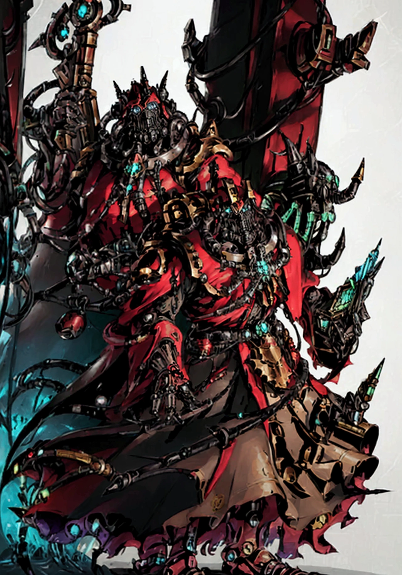  rpg character, homen, adeptus mechanicus, warhammer 40k, imponent pose, wearing armor, he is holding a book, detailed outfit, holding a war staff, filled with implant, dark cathedral background (detailed back ground), robotic priest with armor.