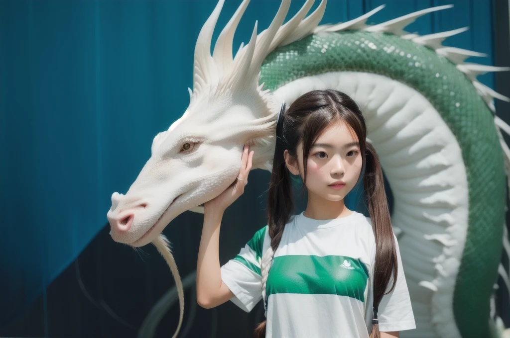 photo of an asian girl with brown hair and pigtails, wearing a white tshirt with a green stripe, standing next to a white dragon