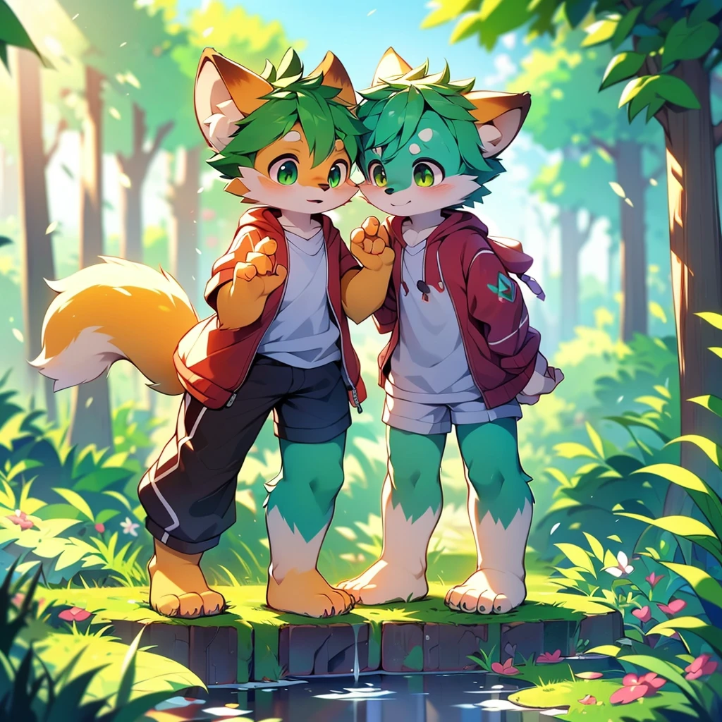 Furry,Fox,boy,8k resolution,最High resolution, High resolution,Wearing a hoodie,Green Eyes,summer,Stand up on your own two feet,Two legs,Five fingers of the hand,5 toes,expensive,:expensive stature,fit,Moderate,standard,Green fur,Paddy field