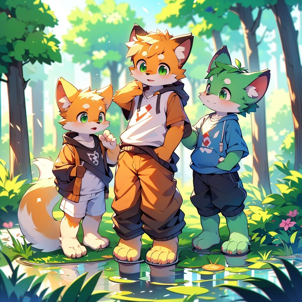 Furry,Fox,boy,8k resolution,最High resolution, High resolution,Wearing a hoodie,Green Eyes,summer,Stand up on your own two feet,Two legs,Five fingers of the hand,5 toes,expensive,:expensive stature,fit,Moderate,standard,Green fur,Paddy field