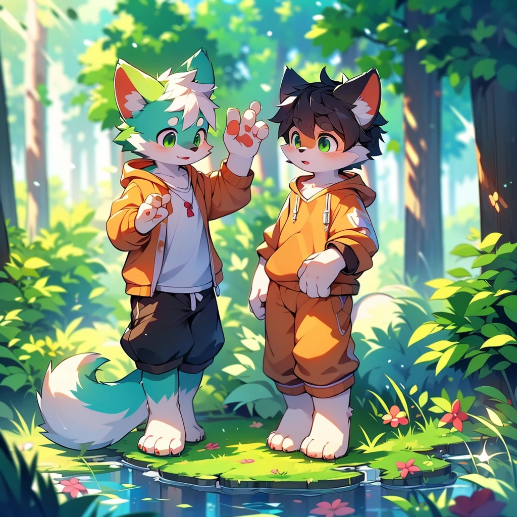 Furry,Fox,boy,8k resolution,最High resolution, High resolution,Wearing a hoodie,Green Eyes,summer,Stand up on your own two feet,Two legs,Five fingers of the hand,5 toes,expensive,:expensive stature,fit,Moderate,standard,Green fur,Paddy field