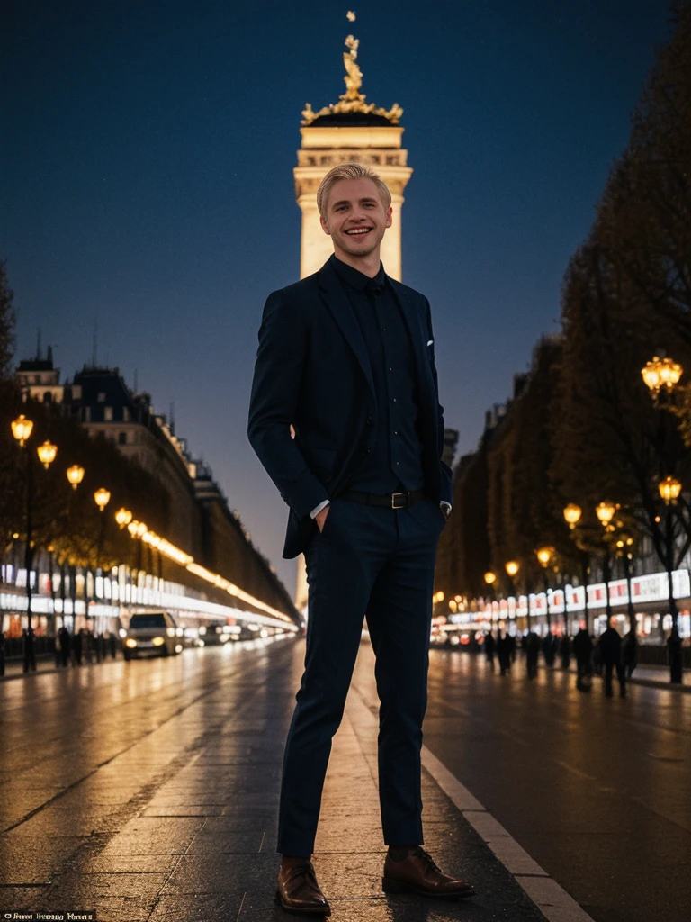 His name is Thomas, high quality, 1guy, ((25-year-old fit Caucasian man)), ((25 years old)), ((BODY TYPE: MUSCULAR)), ((BLOND COLORED Hair)), smiling, pose: standing, wearing Well-dressed ULTRA MODERN Generation-Z modern wear bright colored, BACKGROUND: "Walking along the illuminated Champs-Élysées with the Arc de Triomphe in the distance and the city lights twinkling."Blue eyes